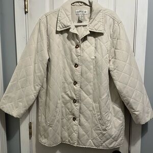 Orvis Woman’s Diamond Quilted Button Down Cream Colored Long Jacket Sz L